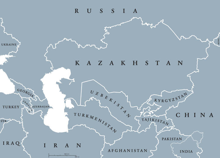 Caucasus and Central Asia countries political map with national borders. English labeling. Illustration.