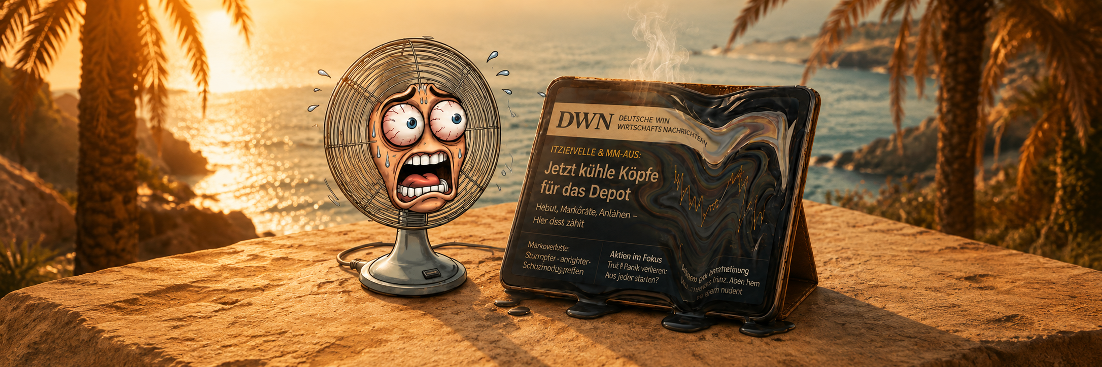Ein überhitzter Ventilator vor einem DWN-Tablet.