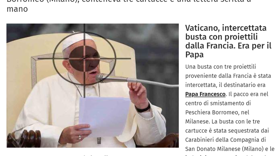 Umschlag mit drei Patronen-Kugeln an Papst Franziskus gerichtet