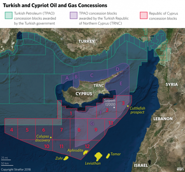 Die gaspolitische Situation in den Gewässern vor Zypern. (Grafik: Stratfor)